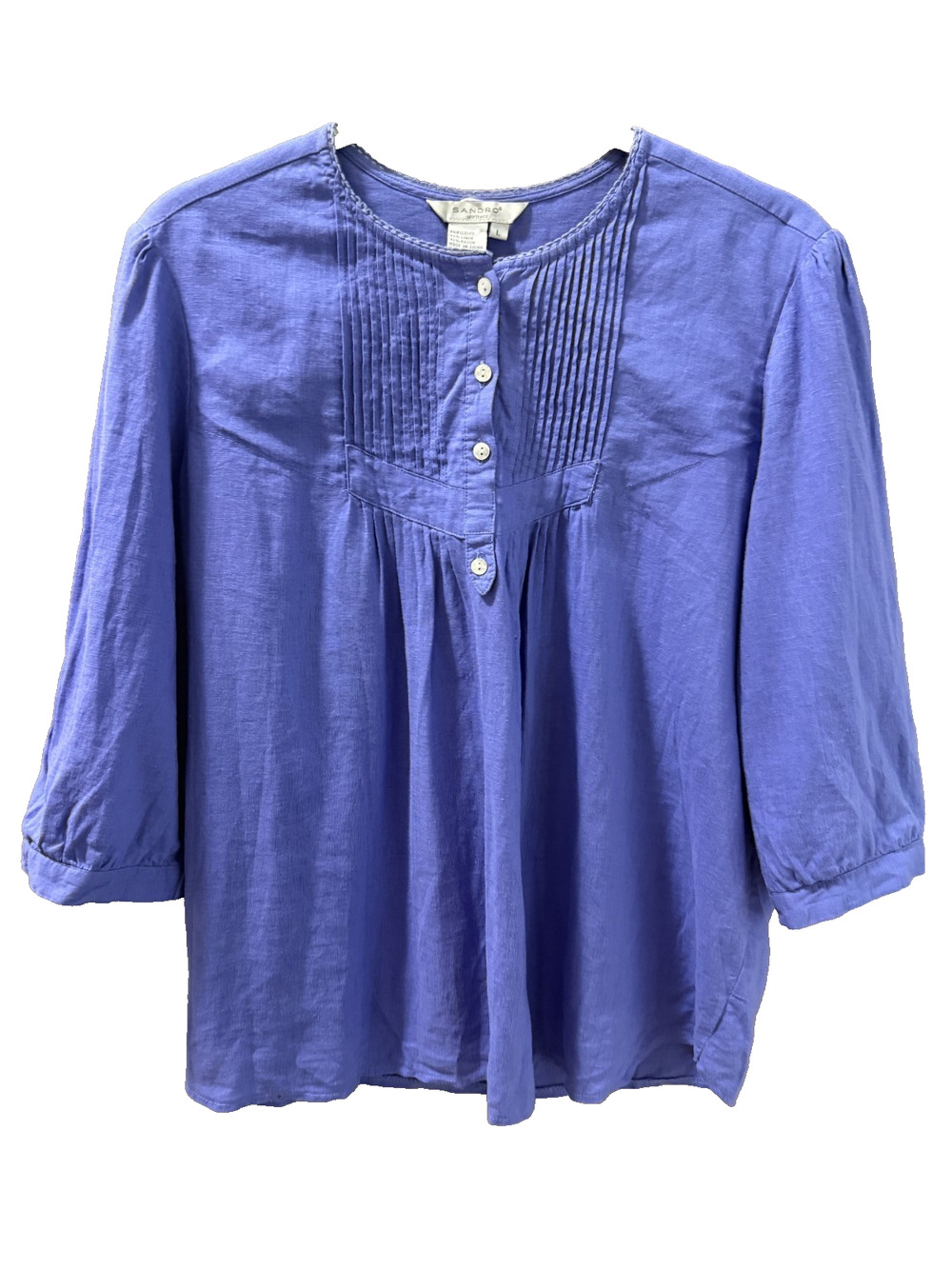 Sandro Sportswear Lilac Linen Blend Pintuck Blouse Size L Peasant Boho Cottage